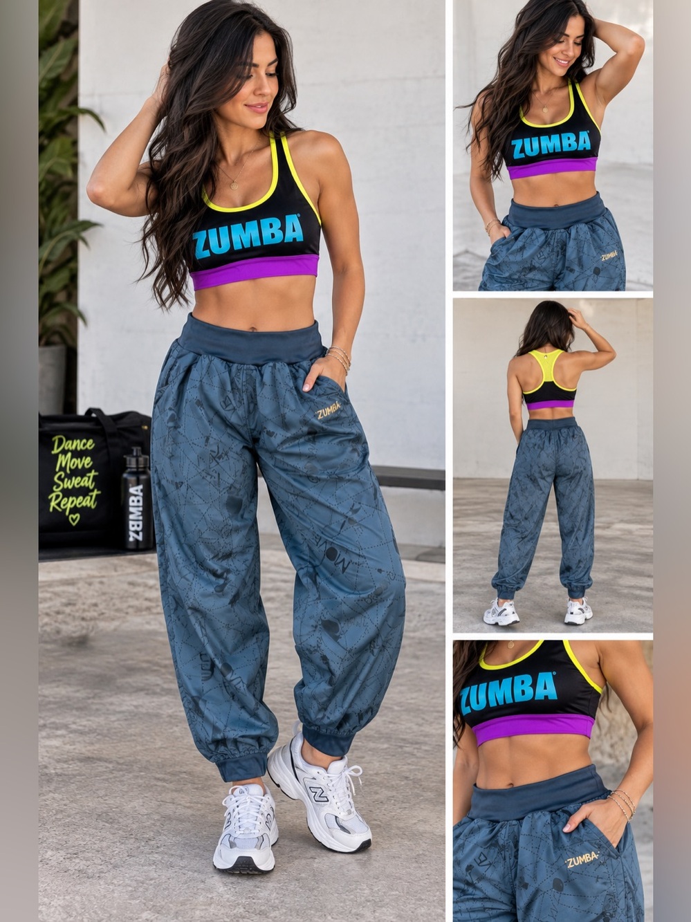 Zumba 2 Piece Set Y2K Dance Outfit Jogger Pants Colorblock Crop Top